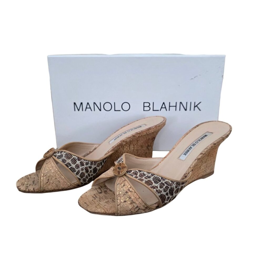 Manolo Blahnik Leopard Cork Wedge Slides Sandals … - image 1